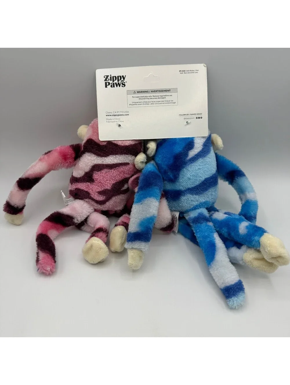 ZippyPaws Plush Dog Toy 2 Pack Monkey Squeaker Long Legs Blue & Pink Camo Stripe